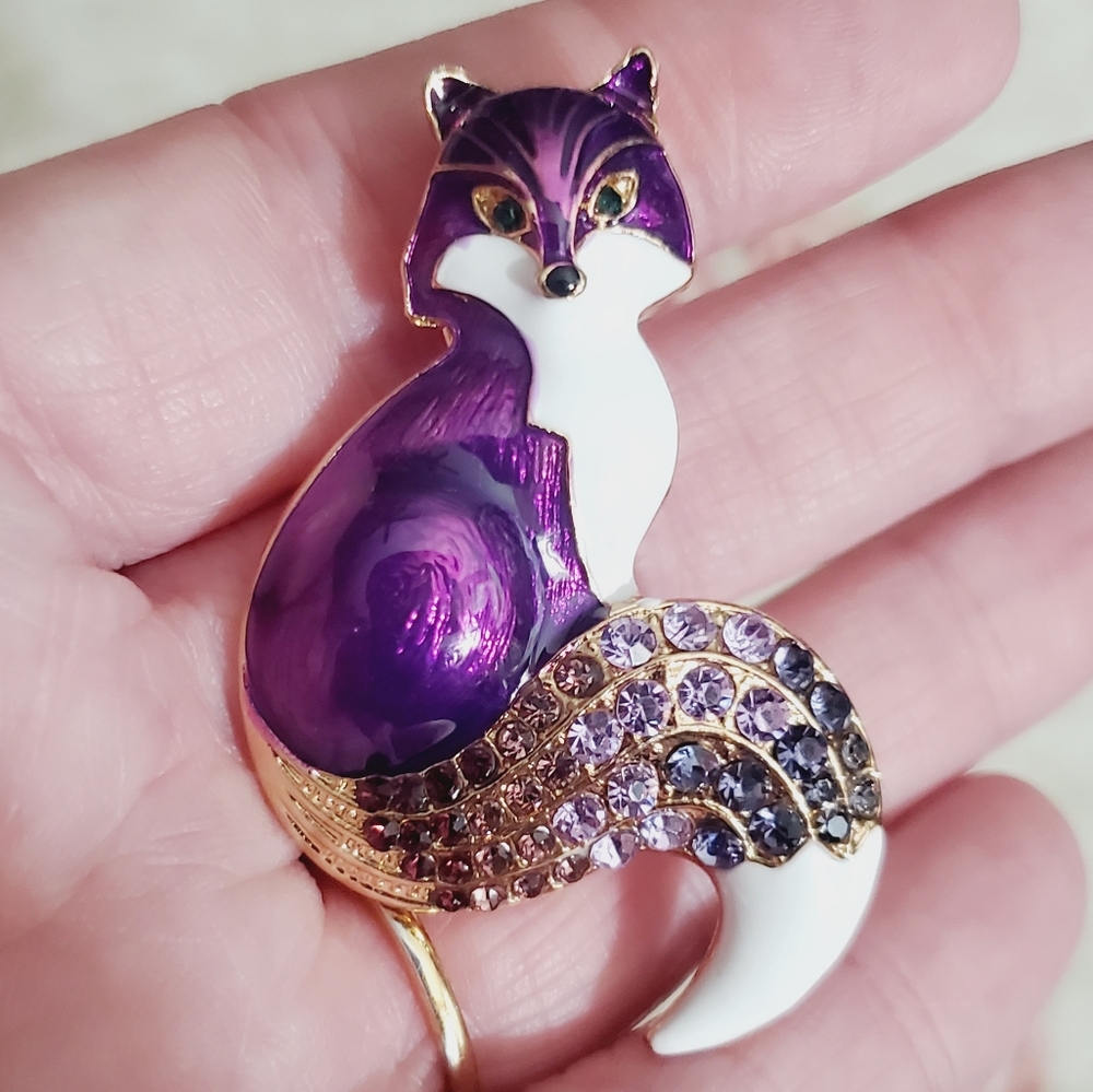 Purple fox brooch pin necklace pendant enamel crystals fall woodland animal